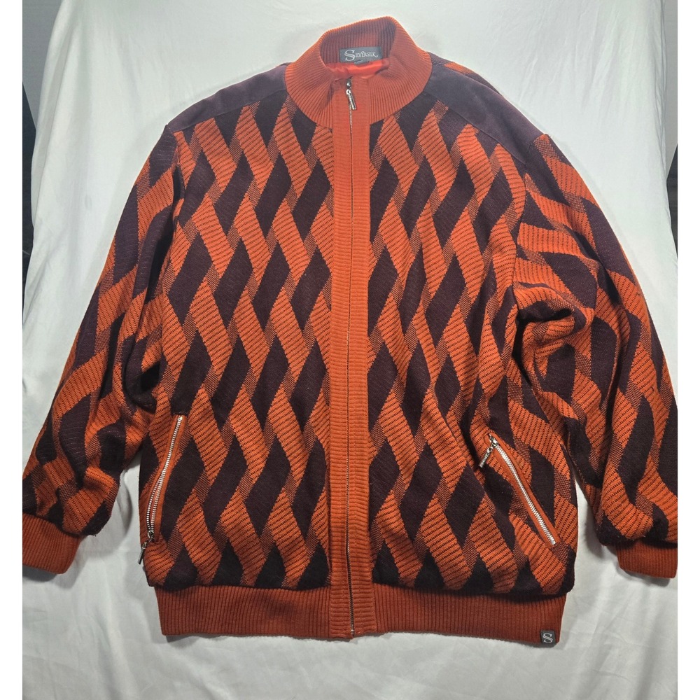 SilverSilk Mens Jacket XXL Sweater Full Zip Burnt‎ Orange Brown Diamond Knit